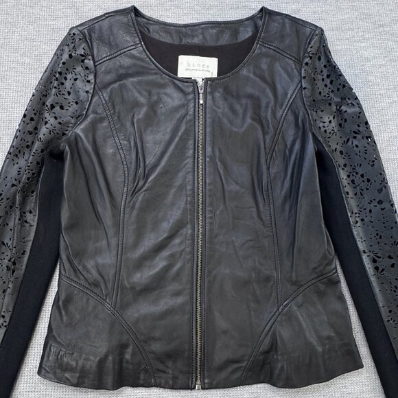Hinge Womens Motorcycle Jacket Black Leather Full Zip Laser Cut Lined Size M NWT - Picture 6 of 16